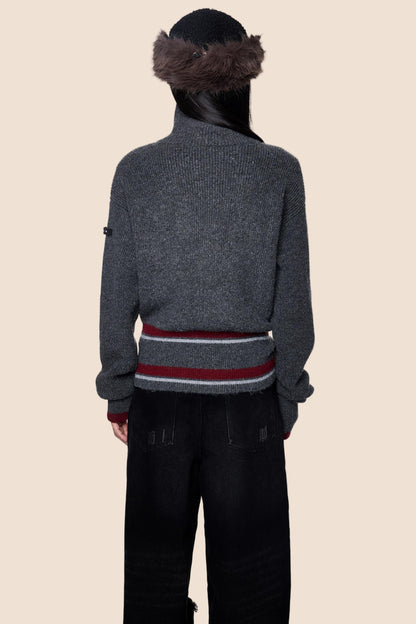 Stand Neck Stripe Sweater Jacket