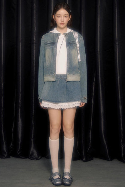 Vintage Distressed Cropped Denim Jacket