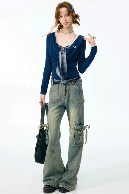 Layered-Look Striped Tie Knit Top