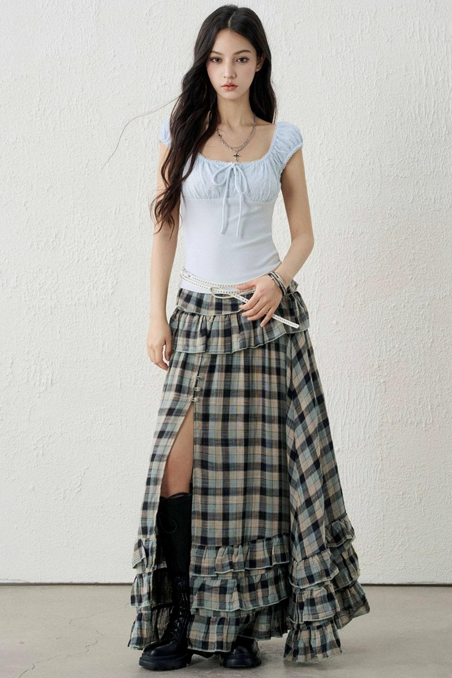 Gray-Green Plaid Ruffled Skirt