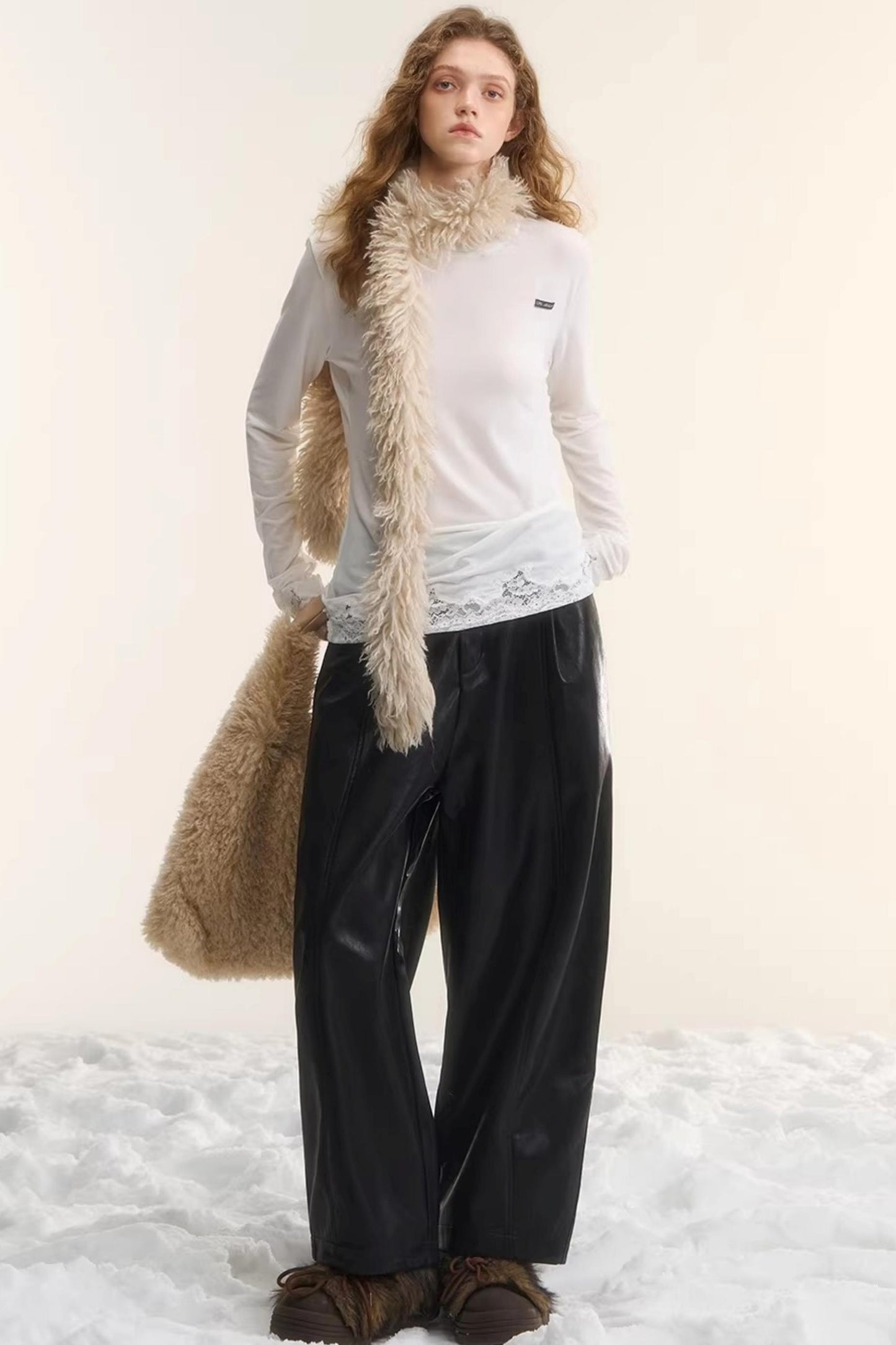 Elastic Waist Black Leather Pants