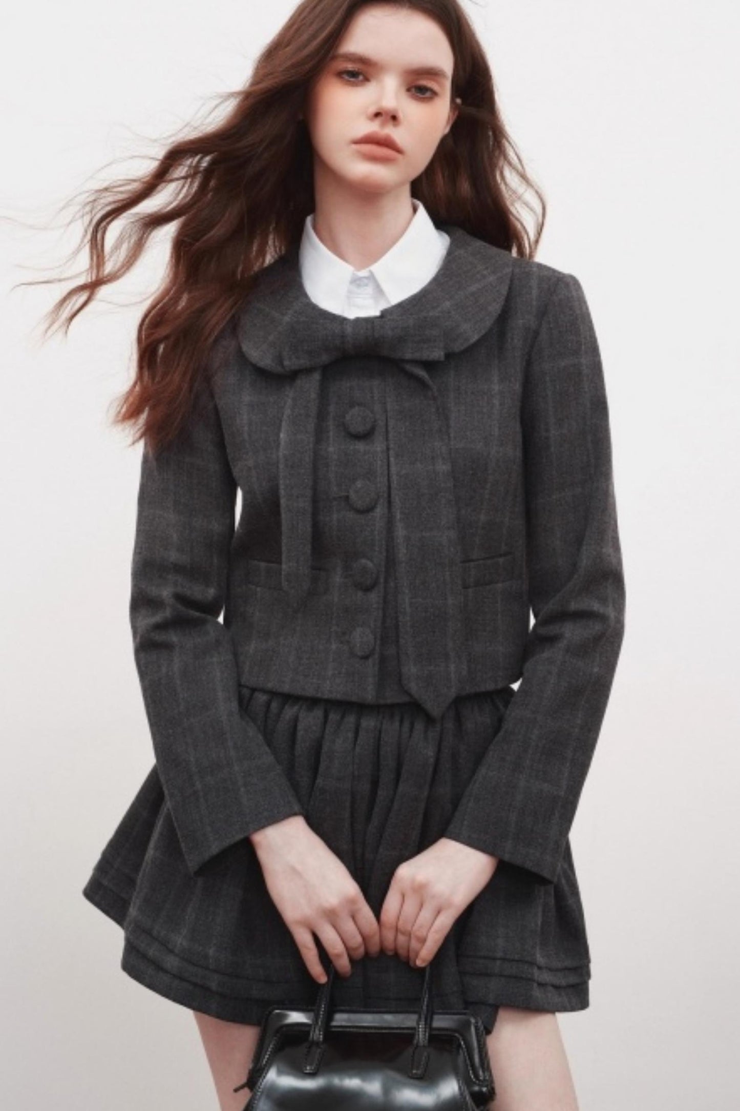 Plaid Doll Collar Blazer Skirt Set-Up