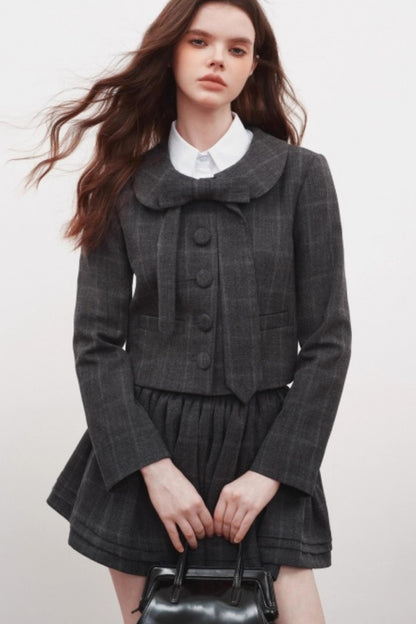 Plaid Doll Collar Blazer Skirt Set-Up