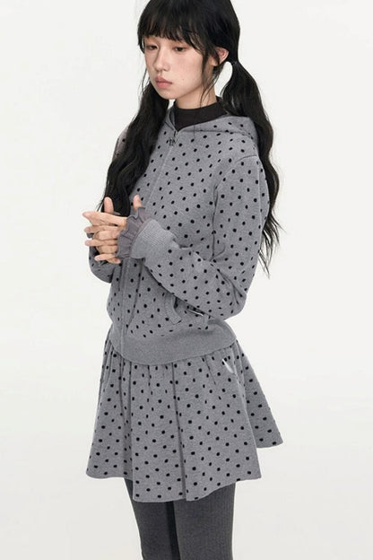 Polka Dot Hooded Knit Sweater Skirt Set-Up