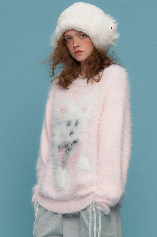 Plush Dog Print Pink Knit Top