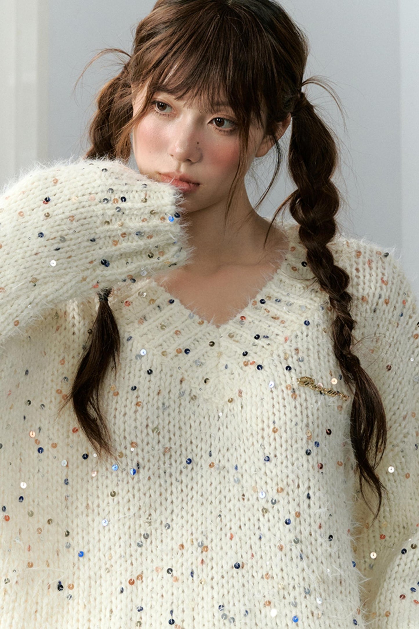 Sequin V-Neck Pullover