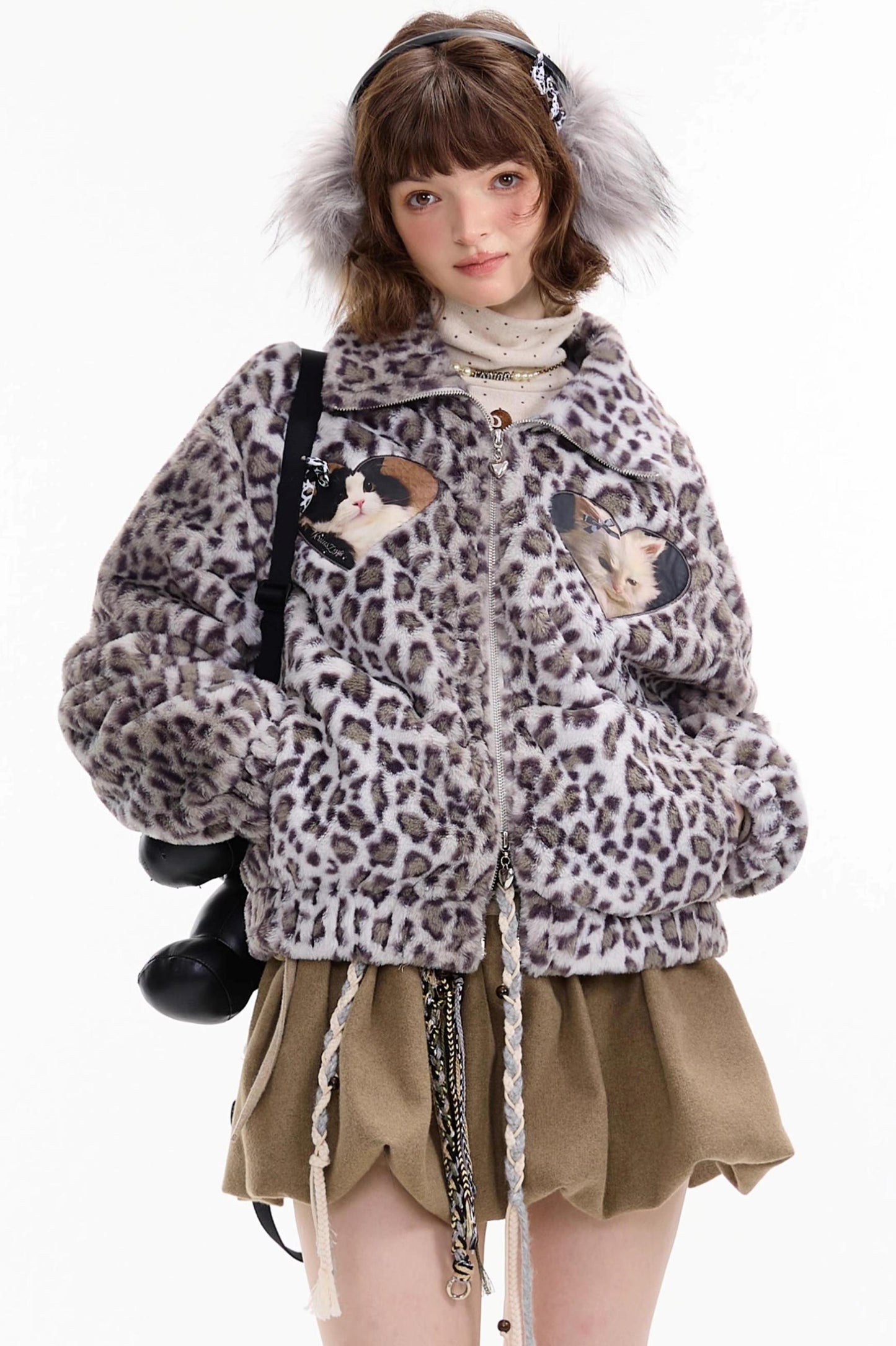 Winter Cat Print Fluffy Coat