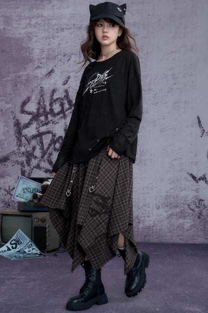 Fighting Spirit Street Brown Plaid Long Skirt