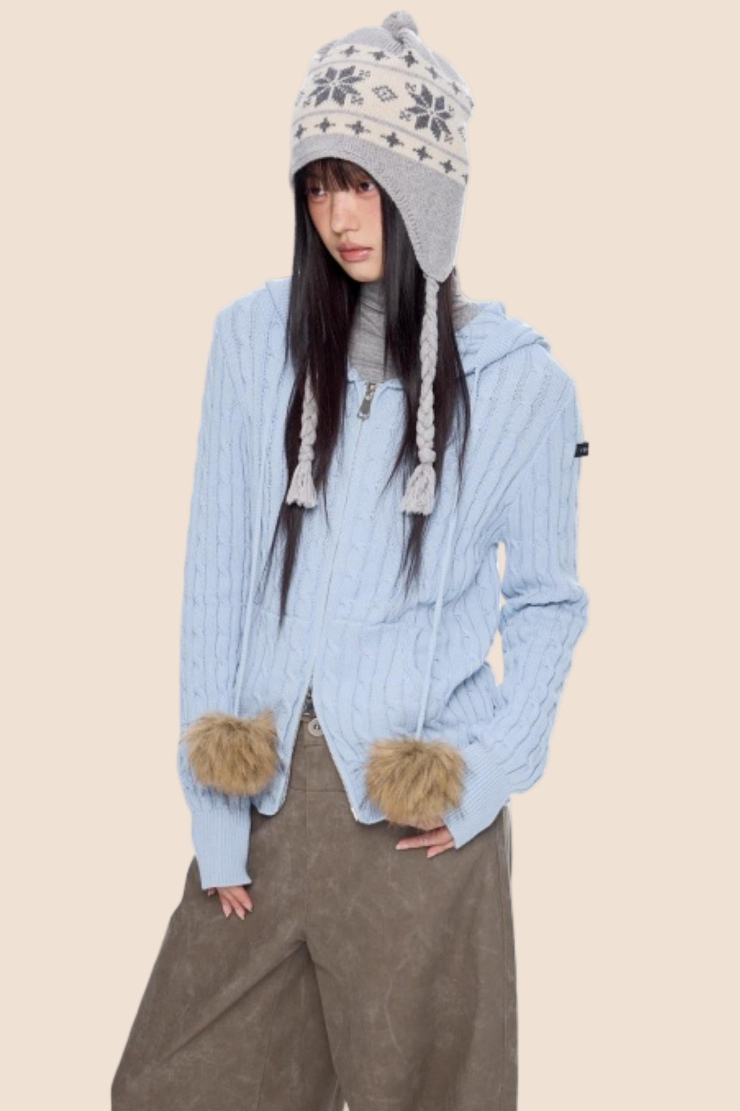 Furball Twisted Knit Hooded Cardigan