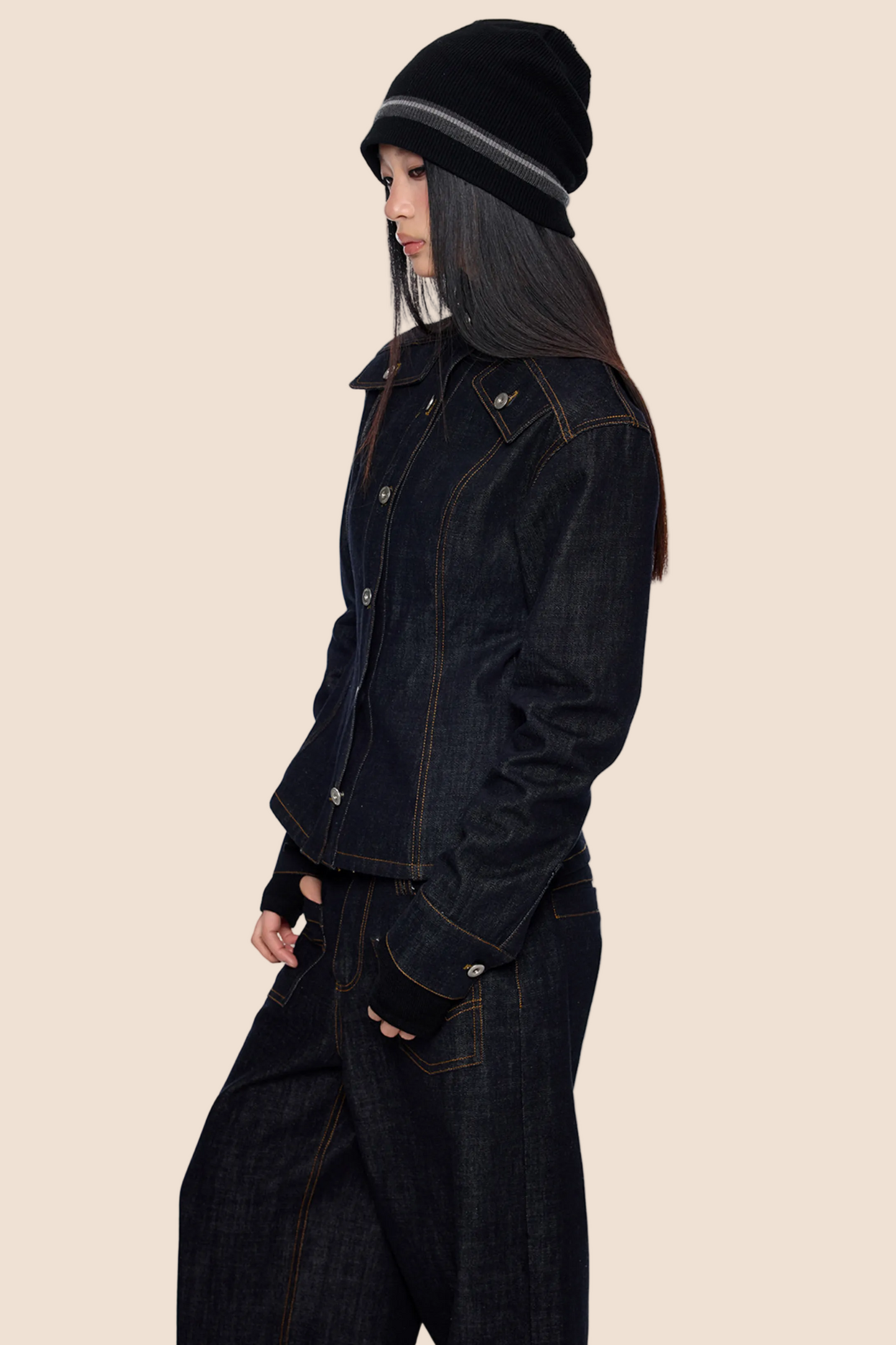 Wide-Shoulder Denim Jacket Set-Up