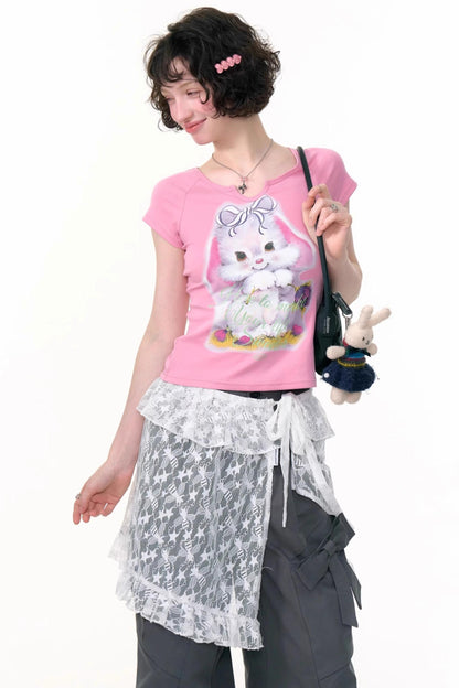 Retro Design Rabbit Print Slim Top