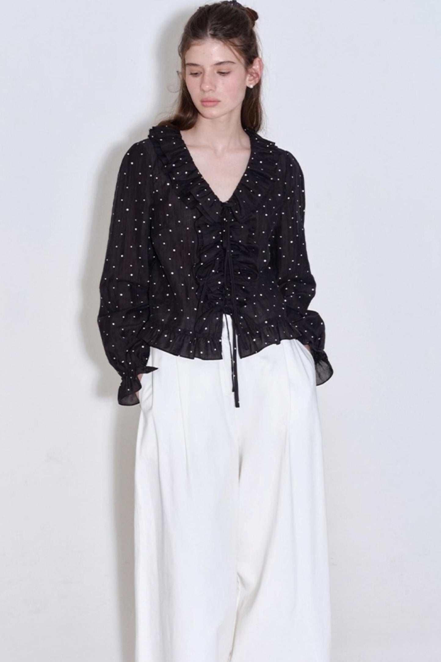 Romantic Ruffled Polka Dot V-Neck Blouse