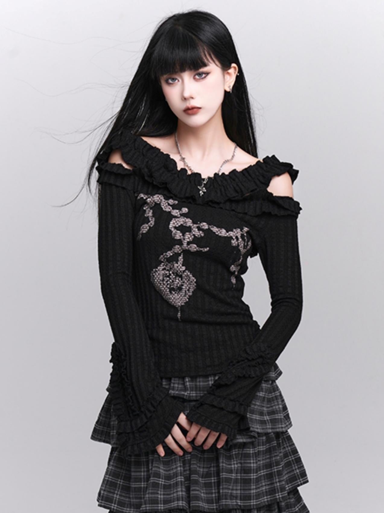 Ghost girl early autumn wear sweet and spicy chic top, black off-the-shoulder knit top, women's long sleeves, beautiful one-shoulder