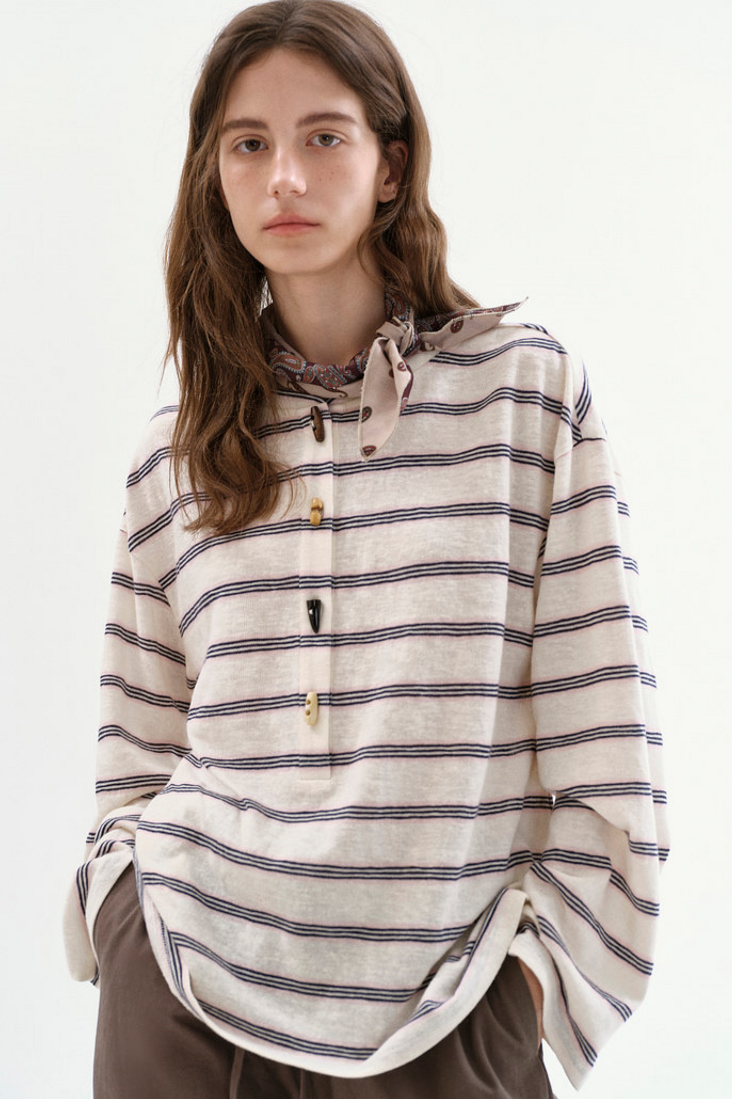 Horn-Button Striped Blouse