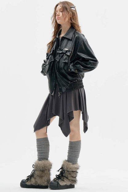 Premium Bow Black PU Leather Jacket