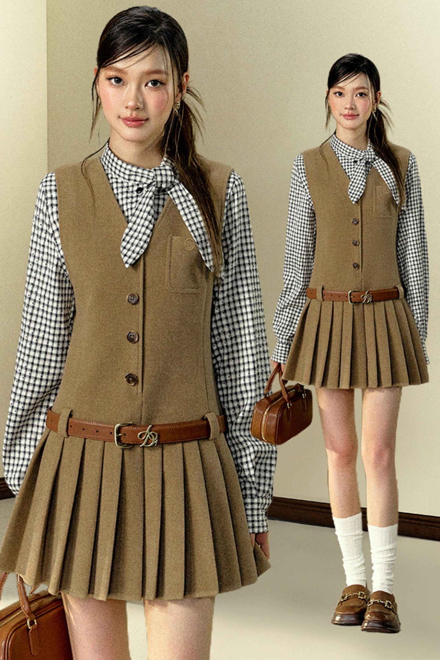 Loose Fit Bow Tie Check Shirt