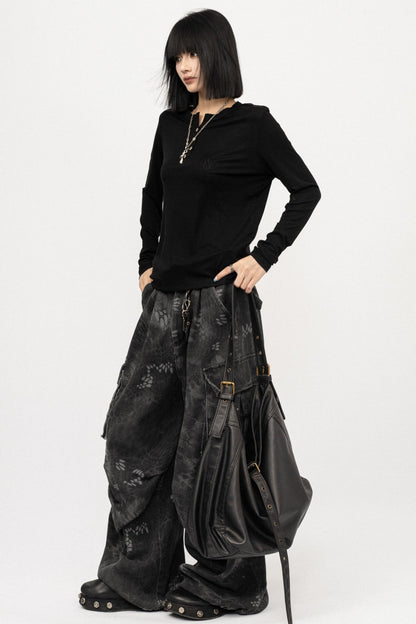 Autumn Black Shoulder Slim T-shirt