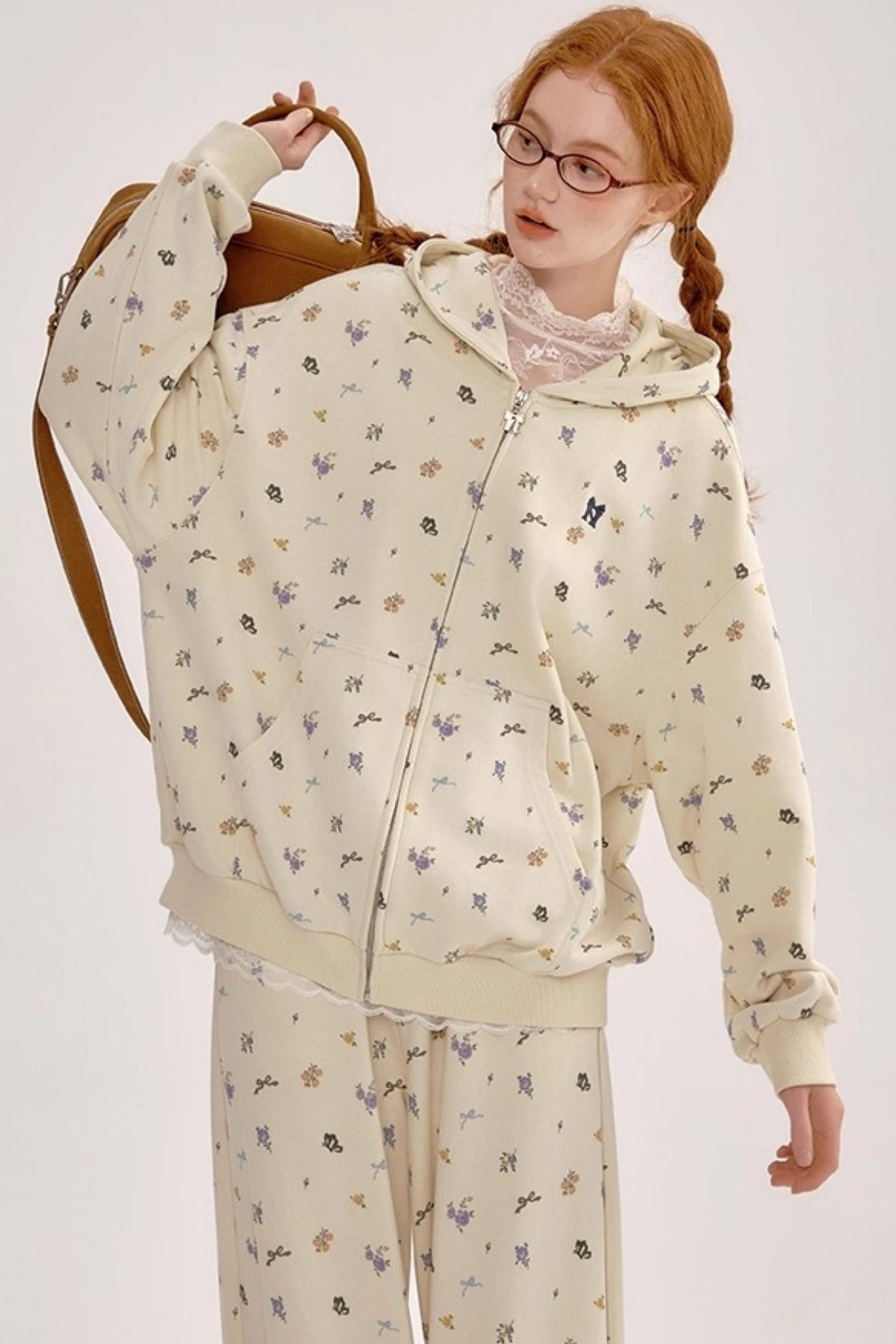 Floral Hooded Sweatshirt Cardigan Set-Up