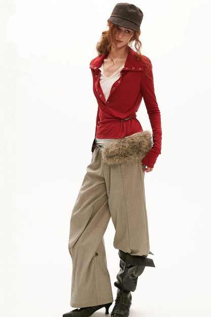 Layered-Look Button Polo Long Sleeve Top