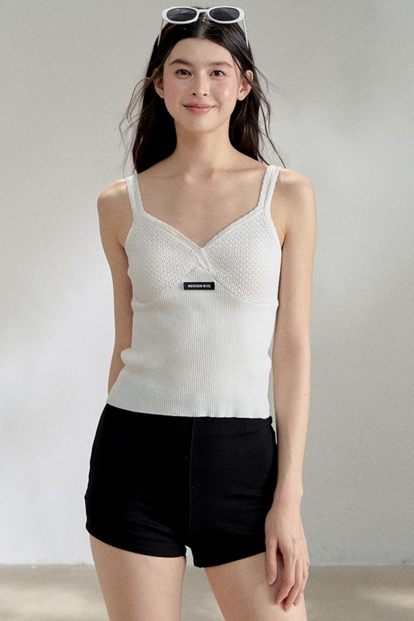 Textured White V-Neck Knitted Suspender Top
