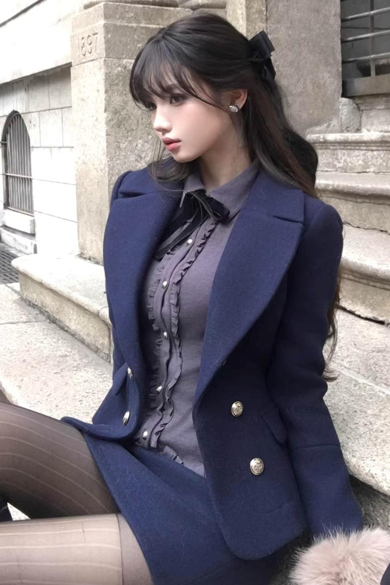 Navy Blue Velvet Wool Suit Set-Up