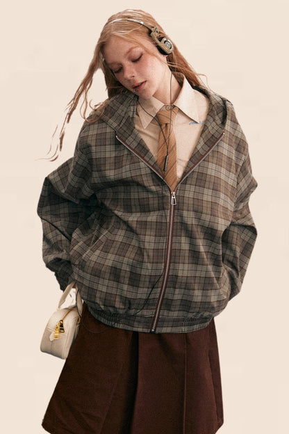 Retro Plaid Contrast Hooded Jacket