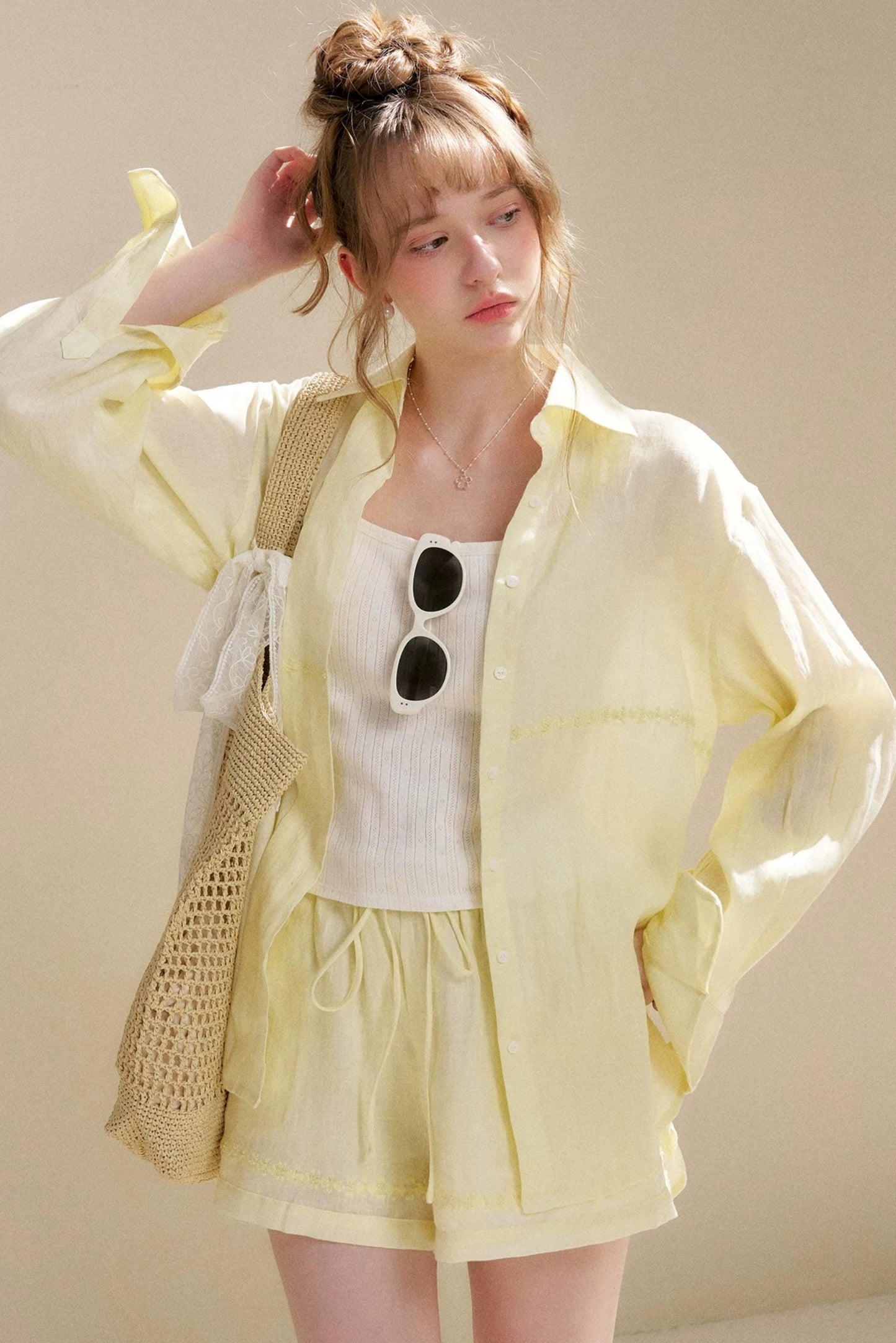 Linen Tencel Beaded Blouse Set-Up