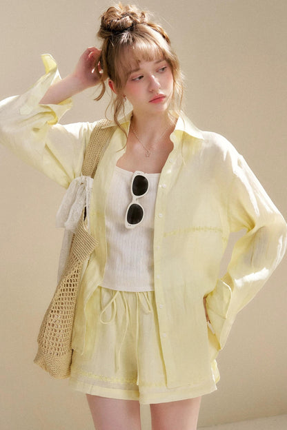 Linen Tencel Beaded Blouse Set-Up