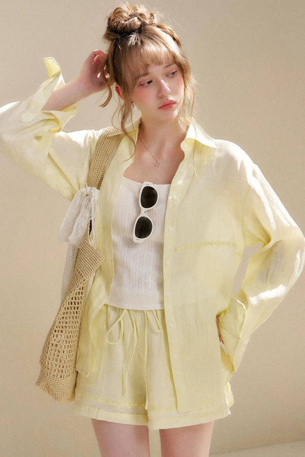 Linen Tencel Beaded Blouse Set-Up