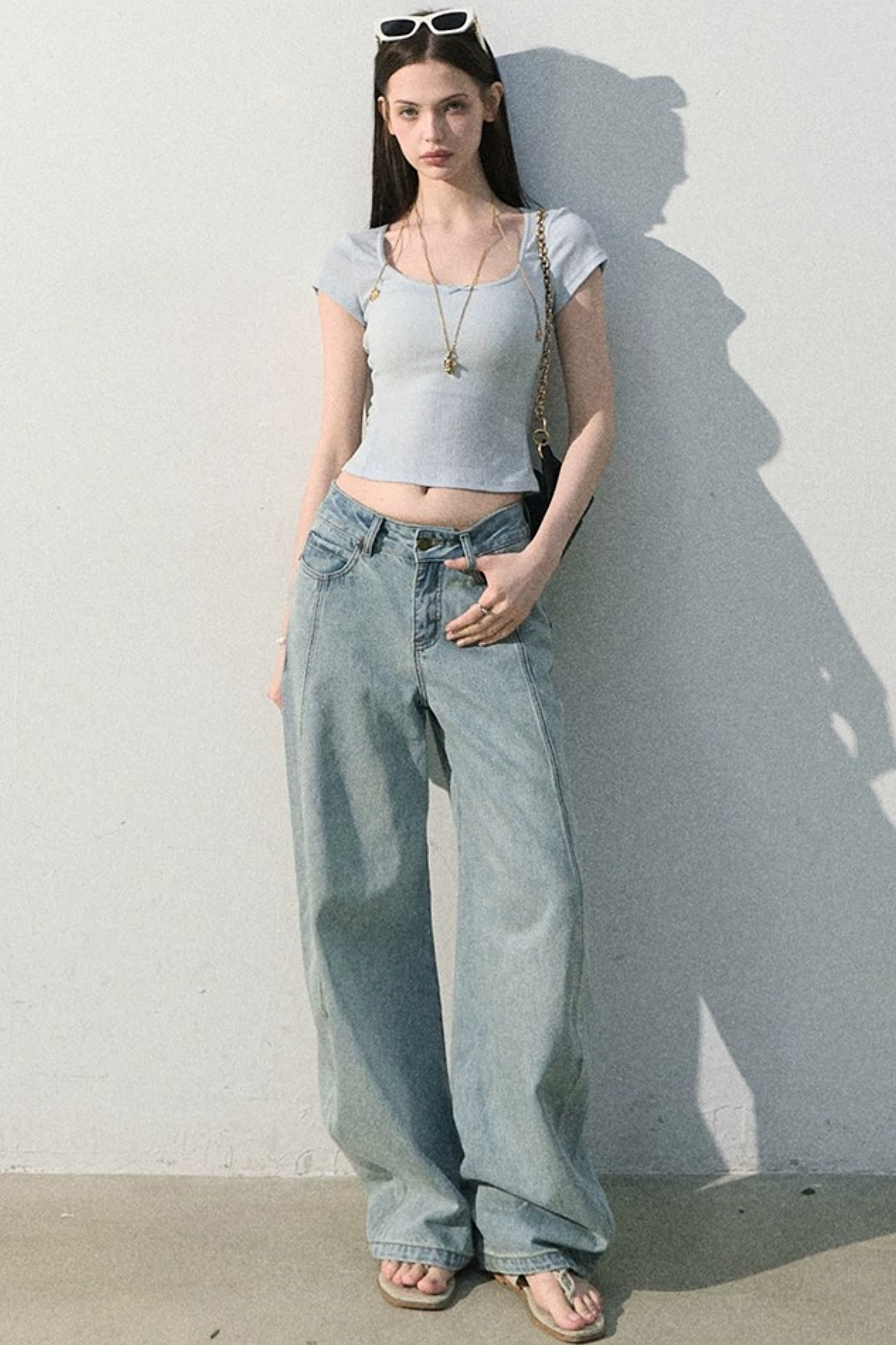 Pantaloni vintage in cotone effetto consumato a gamba larga