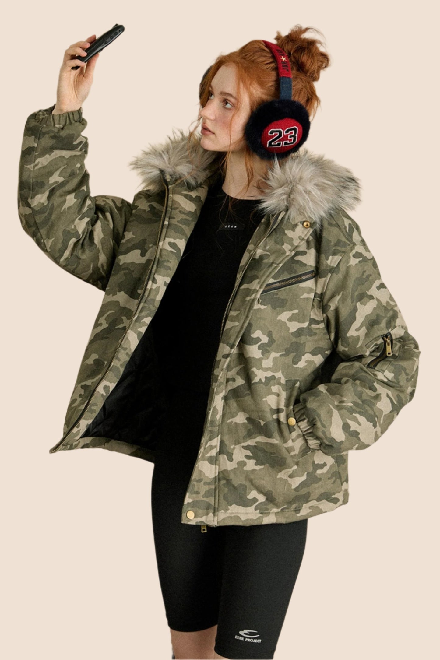 EZEK AMERICAN RETRO CAMOUFLAGE BIG FUR COLLAR HOODED COTTON JACKET COTTON CLOTHES WOMEN'S WINTER NEW LOOSE COTTON JACKET JACKET TIDE