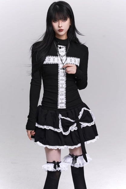 Gothic Cross Design Collar Top