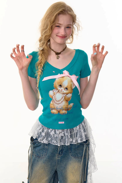 Cat Print V-Neck T-Shirt