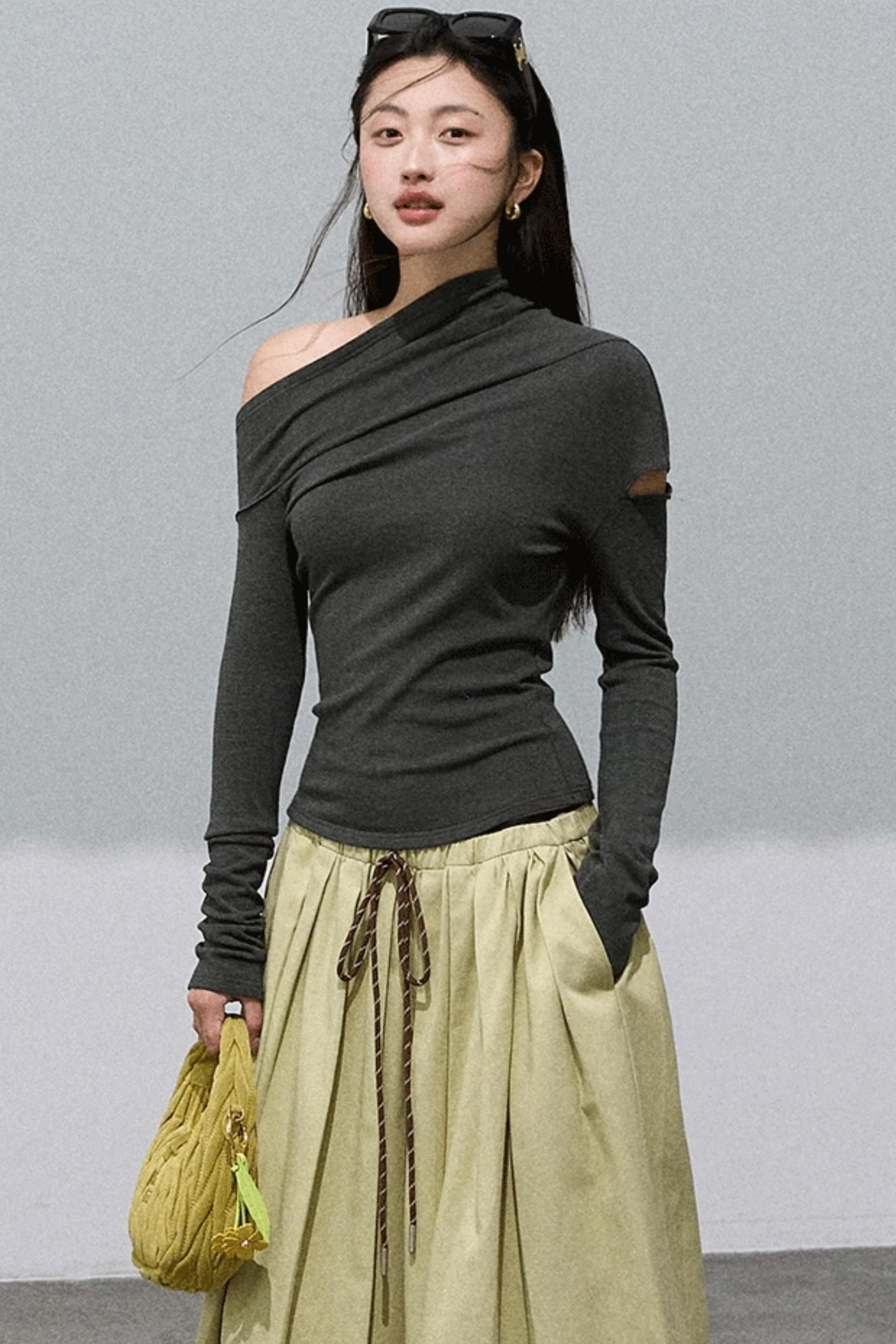 Slanted Shoulder Knit Base Layer Top