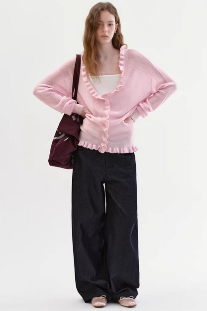 Mohair V-Neck Ruffled Sweater