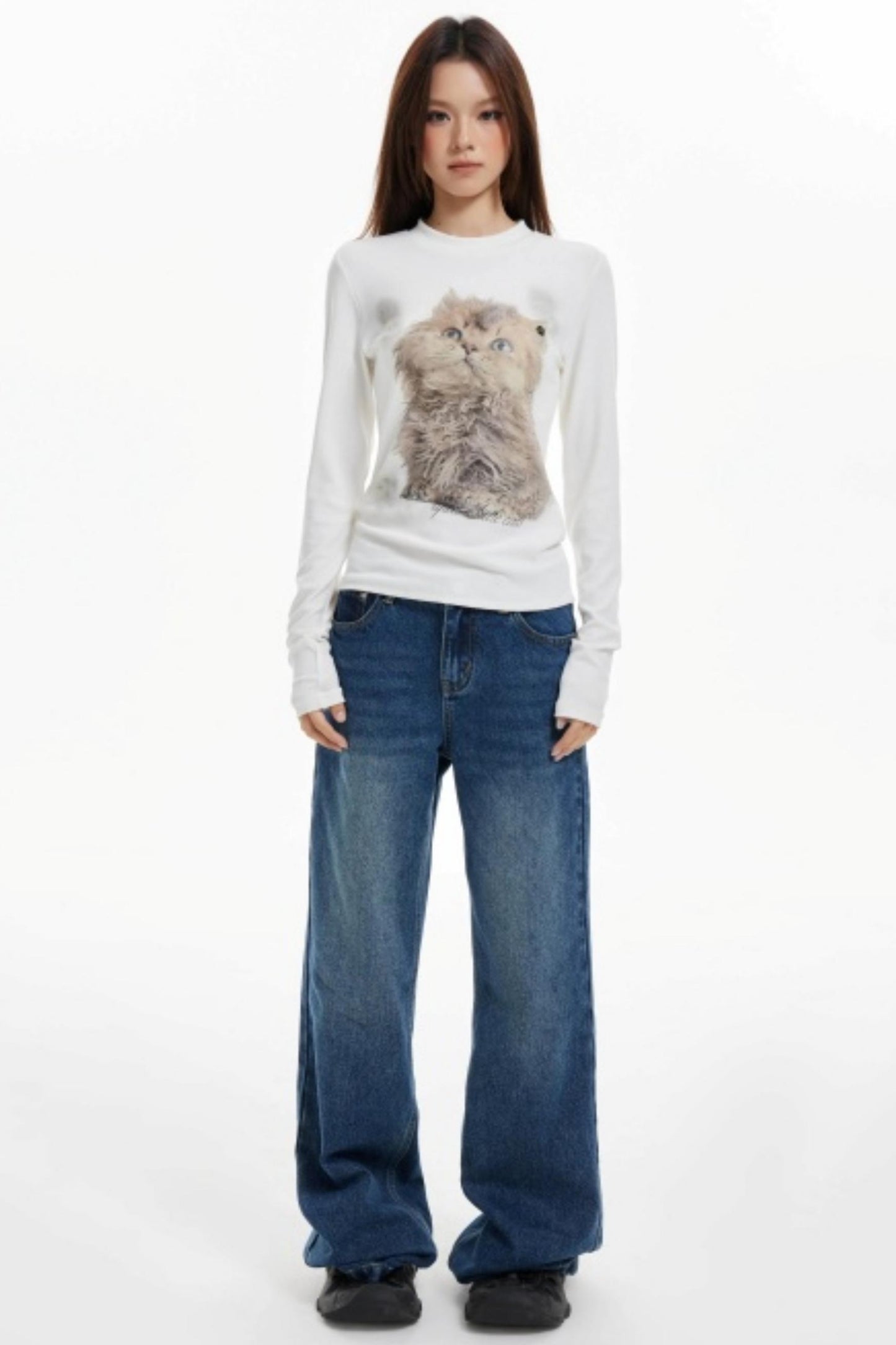 Cat Print Slim Knit Base Top