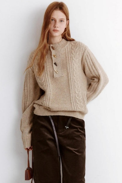 Natural Wooden Horn Buckle Knit Sweater
