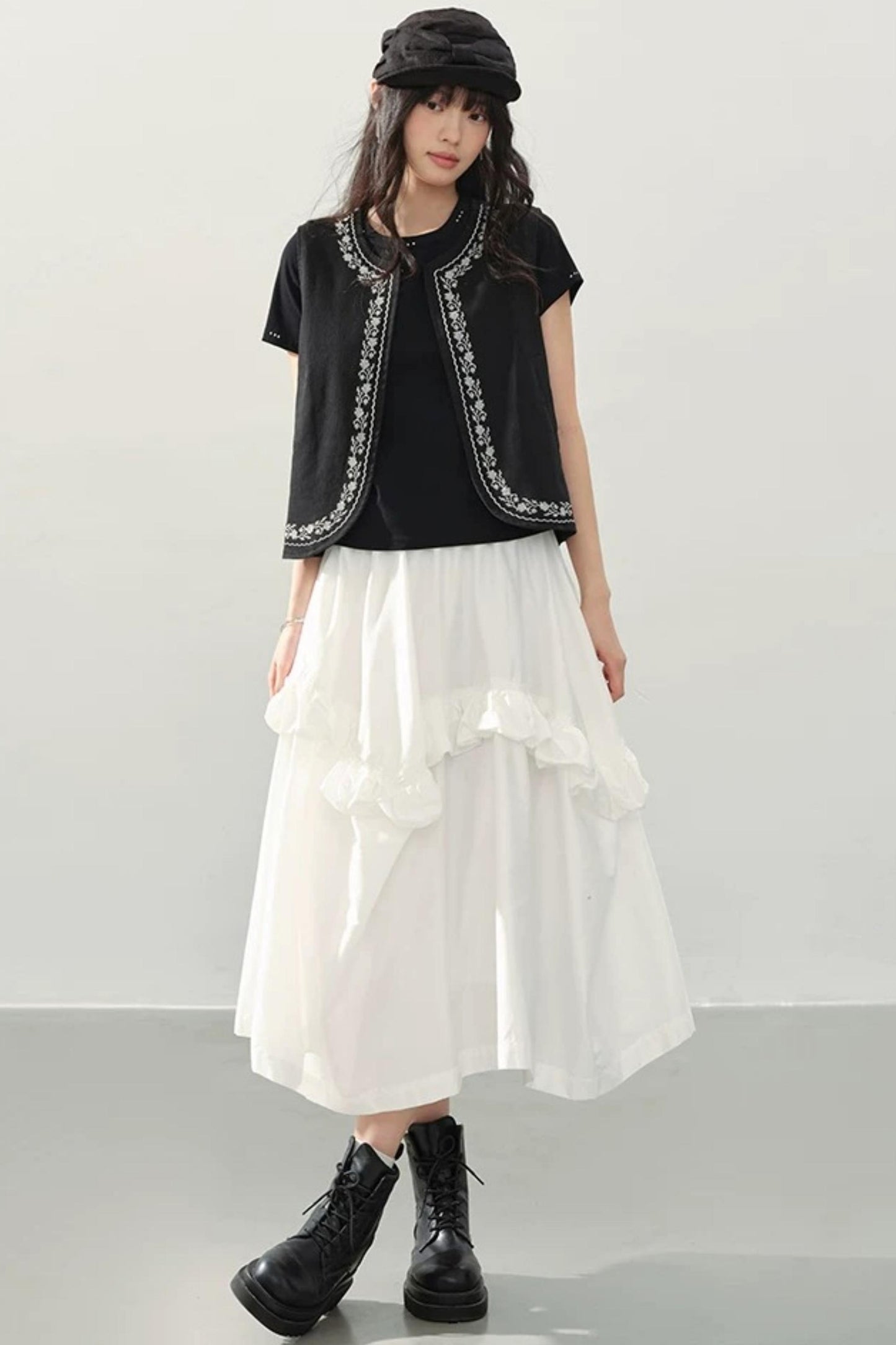 White High Waist Ruffle Midi Skirt