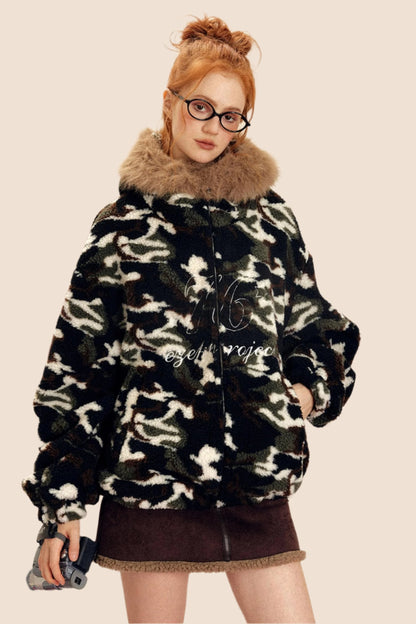 EZEK AMERICAN RETRO FUR COLLAR HOODED CAMOUFLAGE LAMB WOOL COAT WOMEN'S FLEECE THICKENED AUTUMN AND WINTER NEW COTTON CLOTHING TIDE