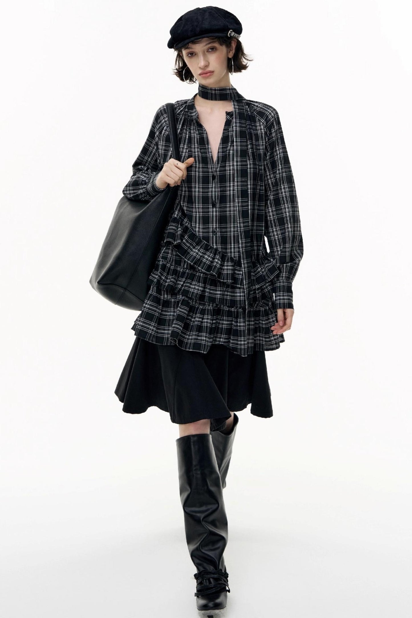 Plaid Ruffle Long Sleeve Shirt Dress