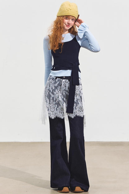 Fake Two Contrasting Lace-Up Top