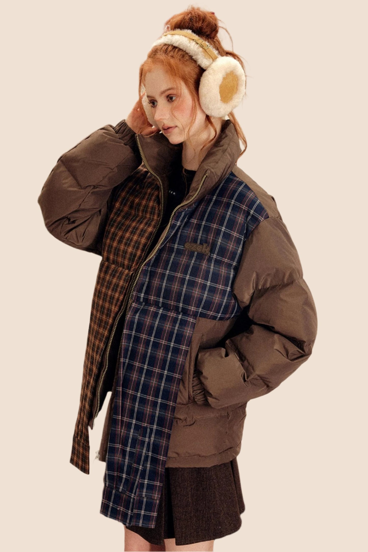 Irregular Plaid Contrast Thickened Cotton Jacket