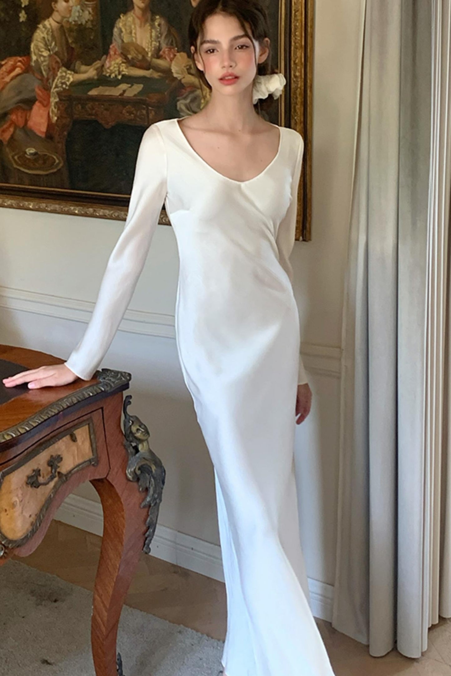 French Waist-Defined Long-Sleeve Dress