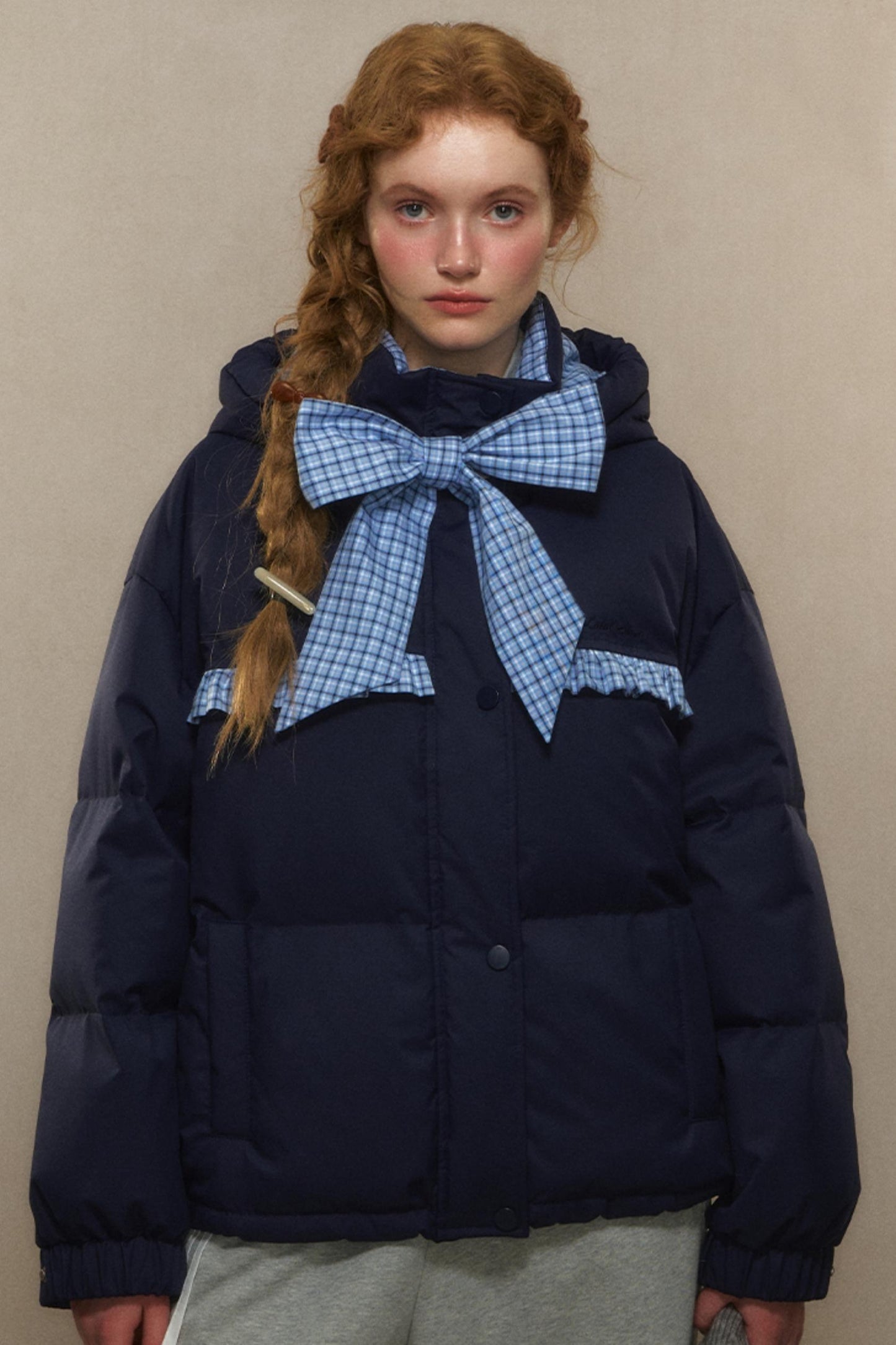 Cropped High Neck Duck Down Jacket with Bow