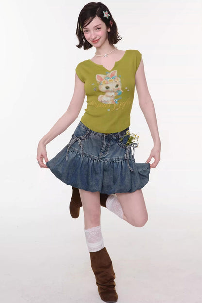 Sweet Bubble Bowknot Denim Skirt