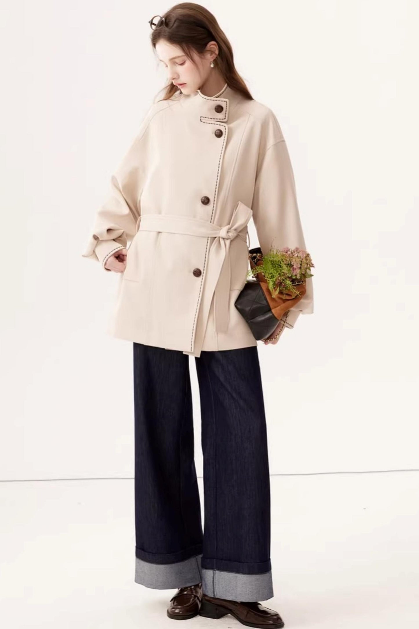 Stand Collar Lantern Sleeve Trench Coat