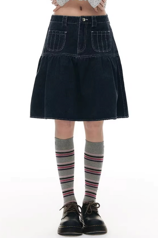 Pleated Denim A-Line Skirt