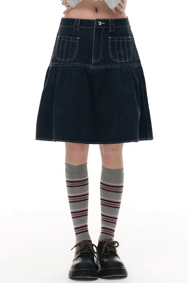 Pleated Denim A-Line Skirt