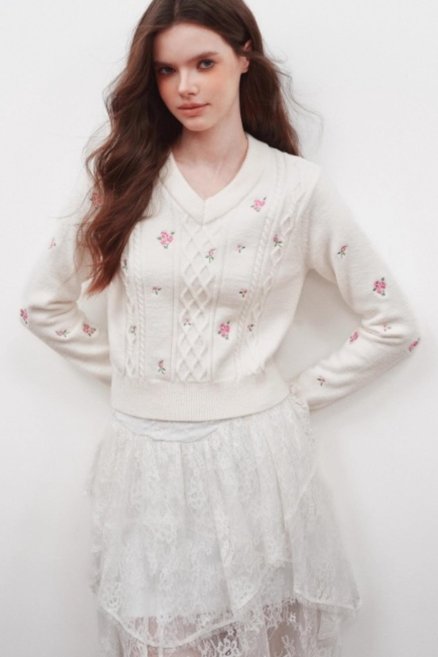 Embroidered V-Neck Knit Sweater