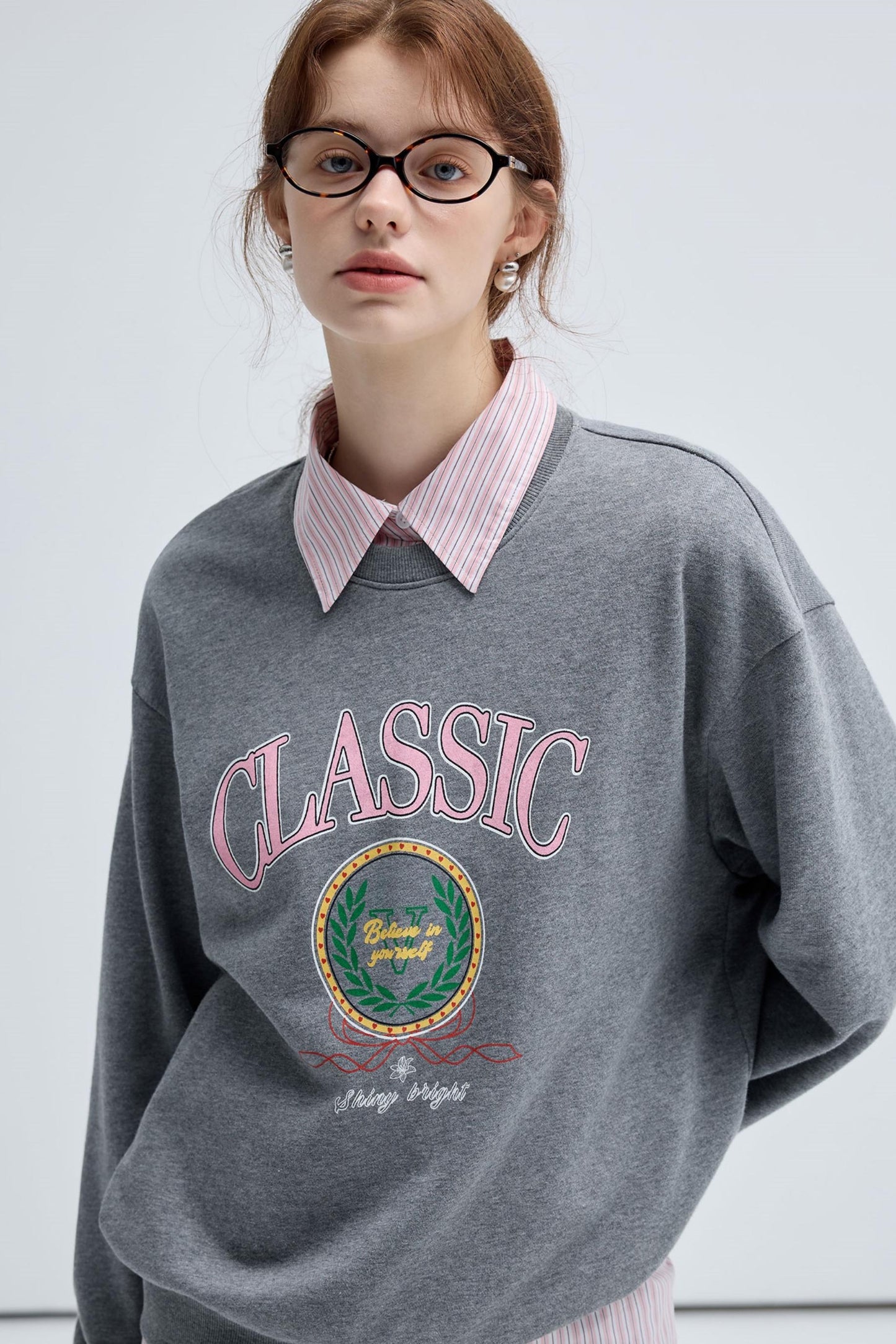 Retro Preppy Print Crew Neck Sweatshirt